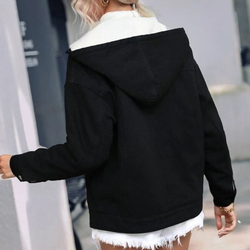 black Drawstring Hooded Thermal teddy Lined Black Denim Jacket - Picture 3 of 6